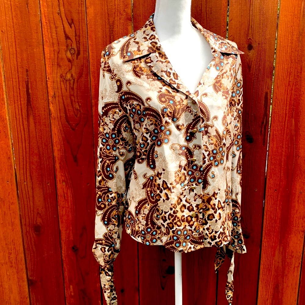 Escada Beige Brown Print Silk Blouse with Teal Accents